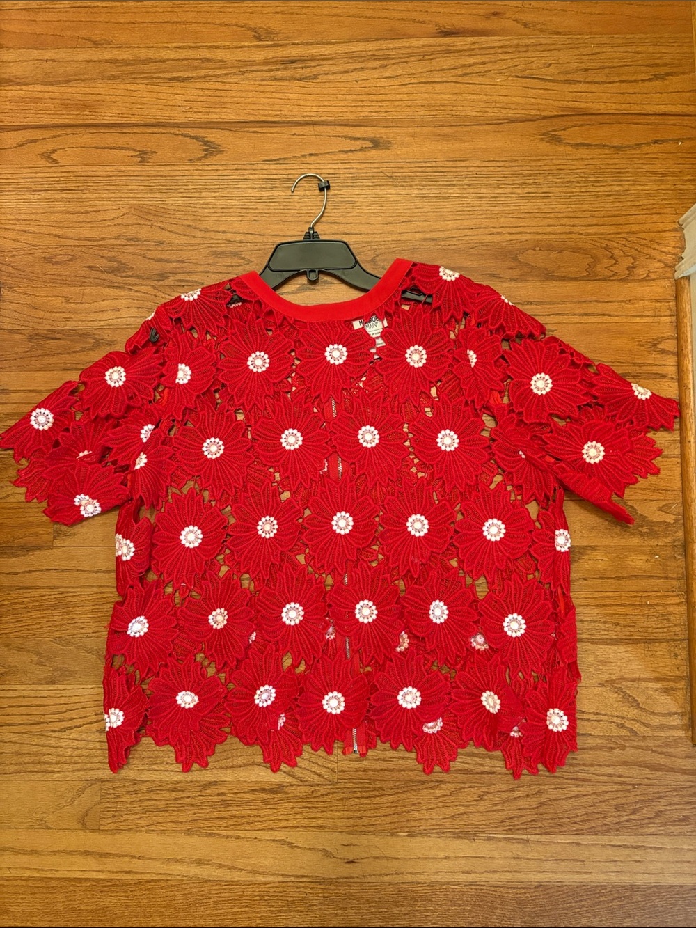 Monroe & Main Red Crochet Daisy Short-Sleeve Top